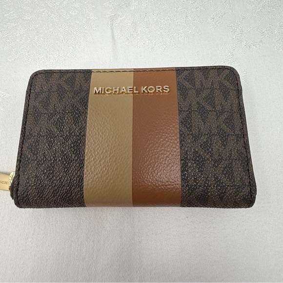 Michael Kors Jet Set Travel Medium Logo Stripe Zip Wallet – Brown/Gold - Picture 5 of 10